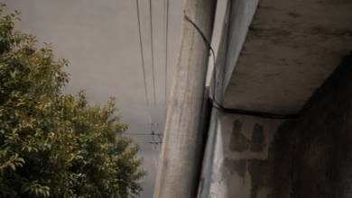 Atado con alambre: un vecino debió amarrar un poste a su casa para que el temporal no se lo llevara puesto. En la misma cuadra, la desidia quedó a la vista con otro poste desplomado sobre el asfalto.