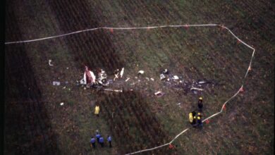 Peritajes entre los cultivos: Investigadores y fuerzas de seguridad inspeccionando el fuselaje destrozado en medio de un campo de maíz que se convirtió en escenario forense.