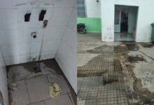 Daños materiales: El patio de la escuela terminó bajo agua tras el robo de la bacha y la rotura de caños.