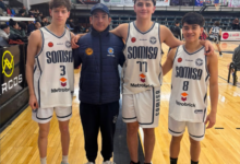 Jaime Díaz, Bruno Páez y Blas Pagliero, bajo la dirección técnica de Exequiel “El Turro” Magallanes, lograron el pasaje a la fase Nacional del 3x3. Foto: Somisa básquet.
