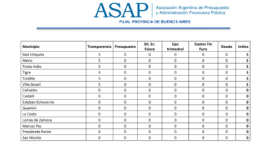 El documento emitido por la filial provincial de la ASAP muestra a San Nicolás con una calificación de cero puntos en todas las categorías financieras. Foto: Asociación Argentina de Presupuesto y Administración Financiera Pública (ASAP)